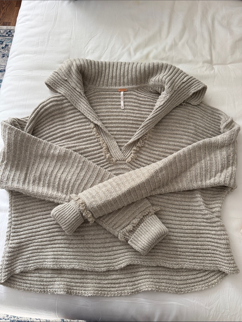 Free People Taupe Ribbed V-Neck Hooded Sweater